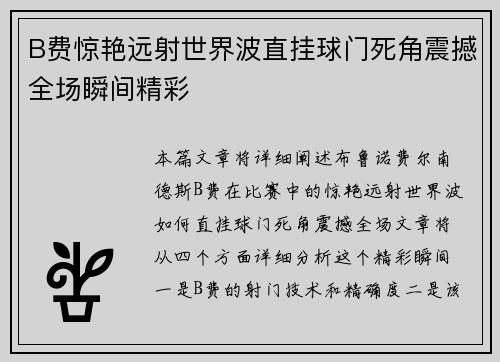 B费惊艳远射世界波直挂球门死角震撼全场瞬间精彩